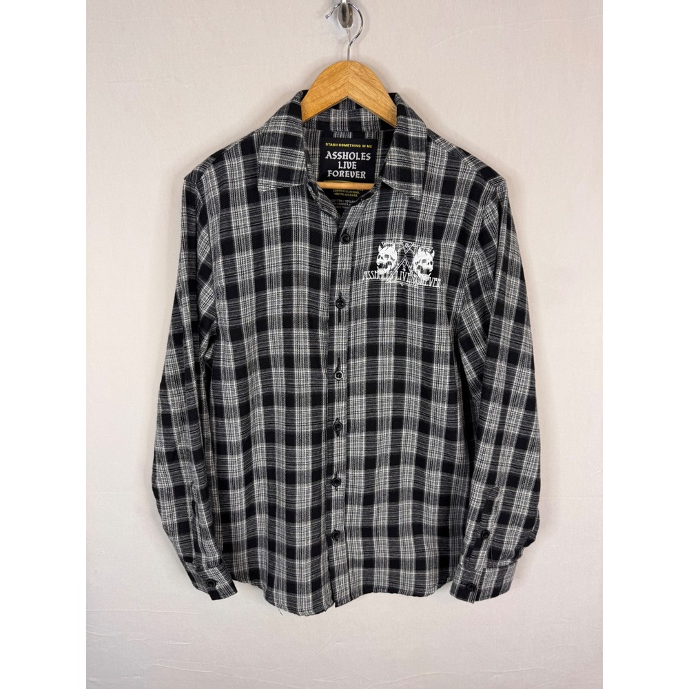 Assholes Live Forever Mens Medium Black White Plaid Skull Graphic Flannel Shirt